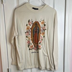 Graphic Virgin Mary Floral Long Sleeve Tee - Cream